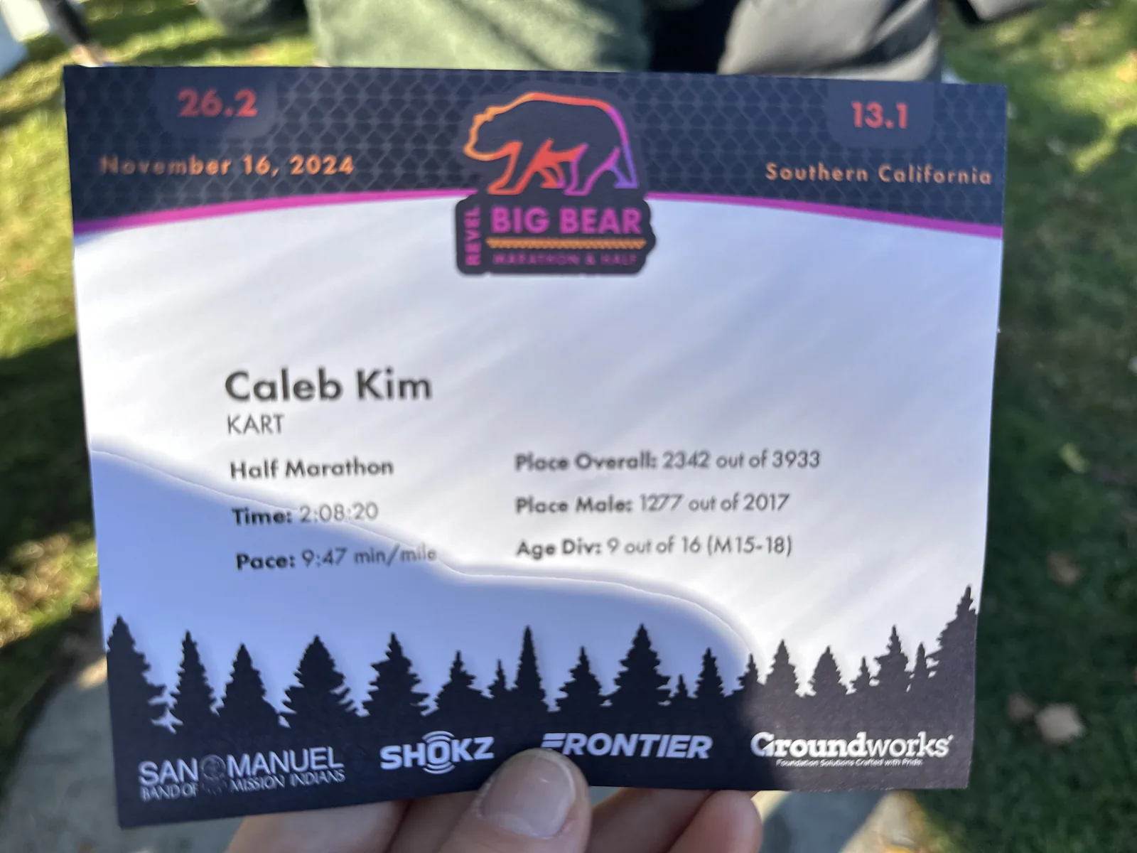 REVEL Big Bear half marathon result: 2:08:20, ninth in the M15–18 age division, November 16, 2024