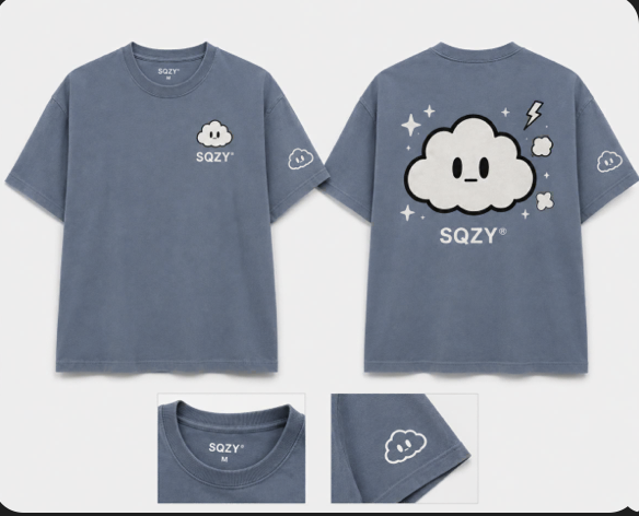 Caleb’s SQZY washed-blue cloud T-shirt design, front and back